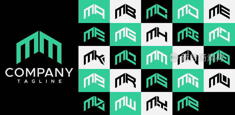 向上箭头字母M标志设计模板集。摘要线MM M字母标志